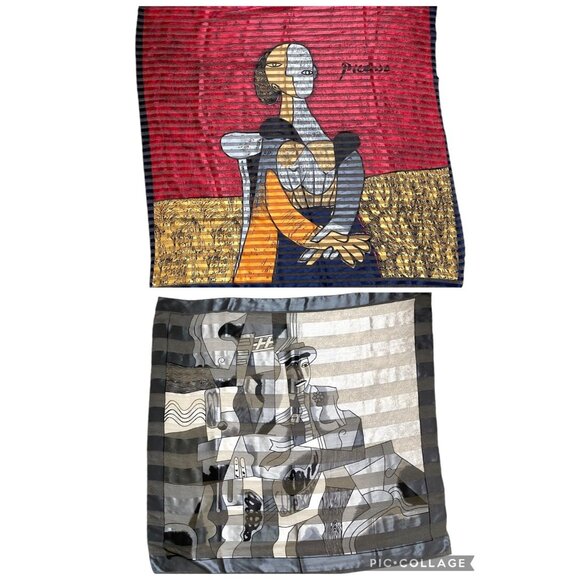 LOT 2 Pablo Picasso Gray Abstract Man Hat Woman Sitting SCARVES SCARF XL 38 x 38 - Picture 1 of 5